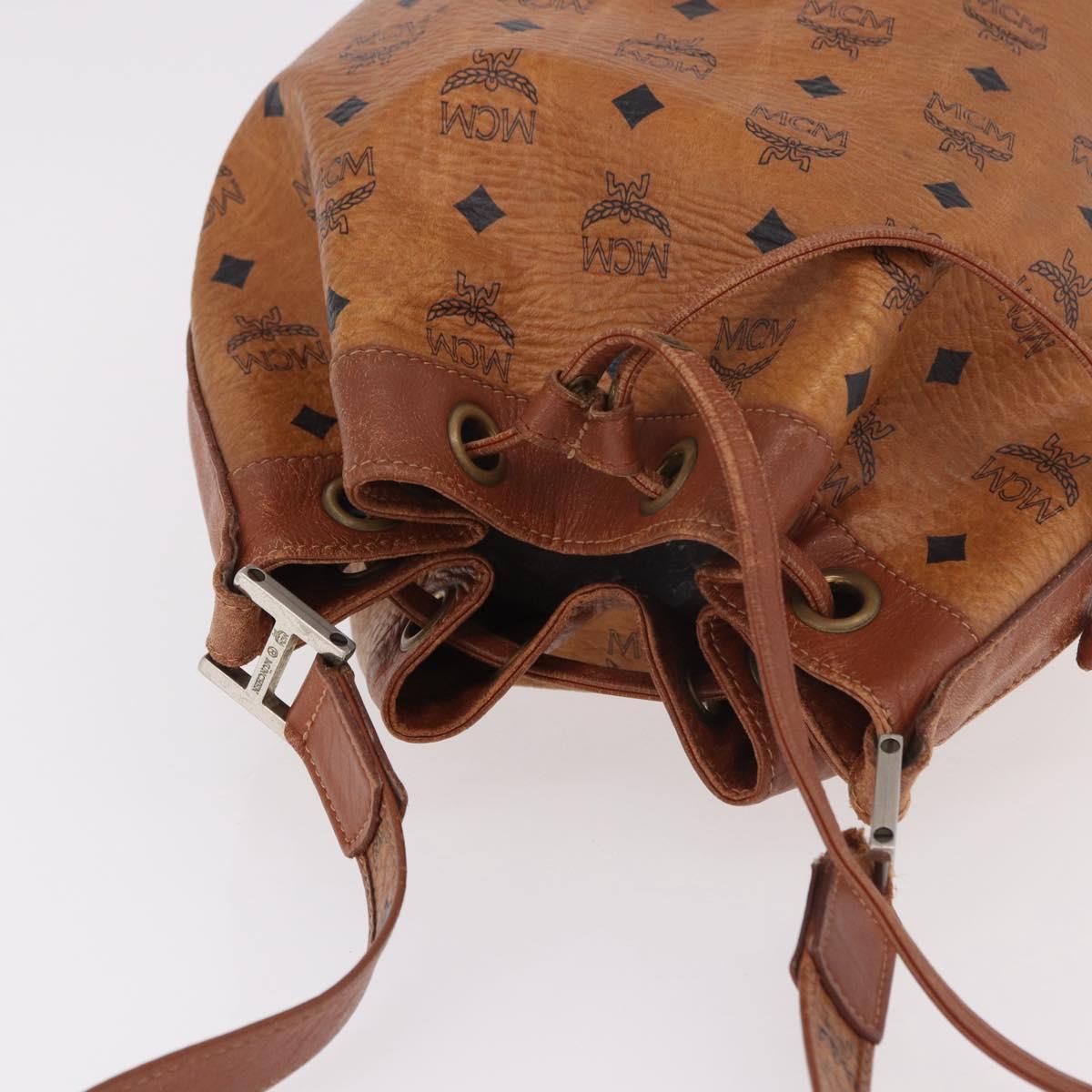 MCM Vicetos Logogram Drawstring Bag PVC Leather Brown Gold Auth 186663
