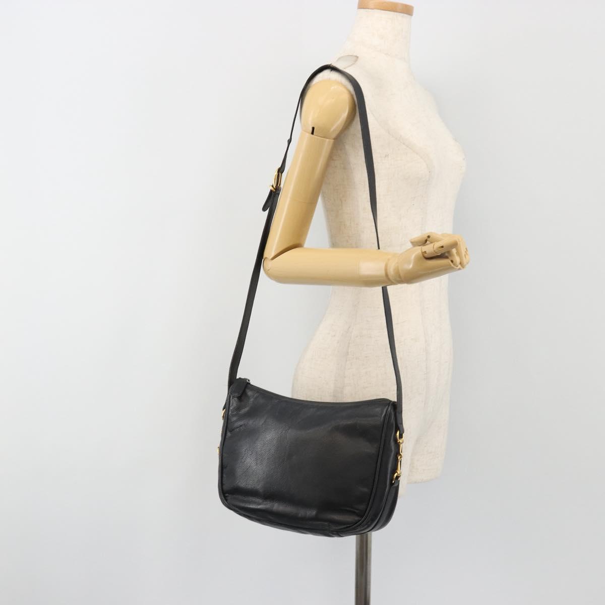 GUCCI Horsebit Shoulder Bag Leather Black Gold Auth 186667