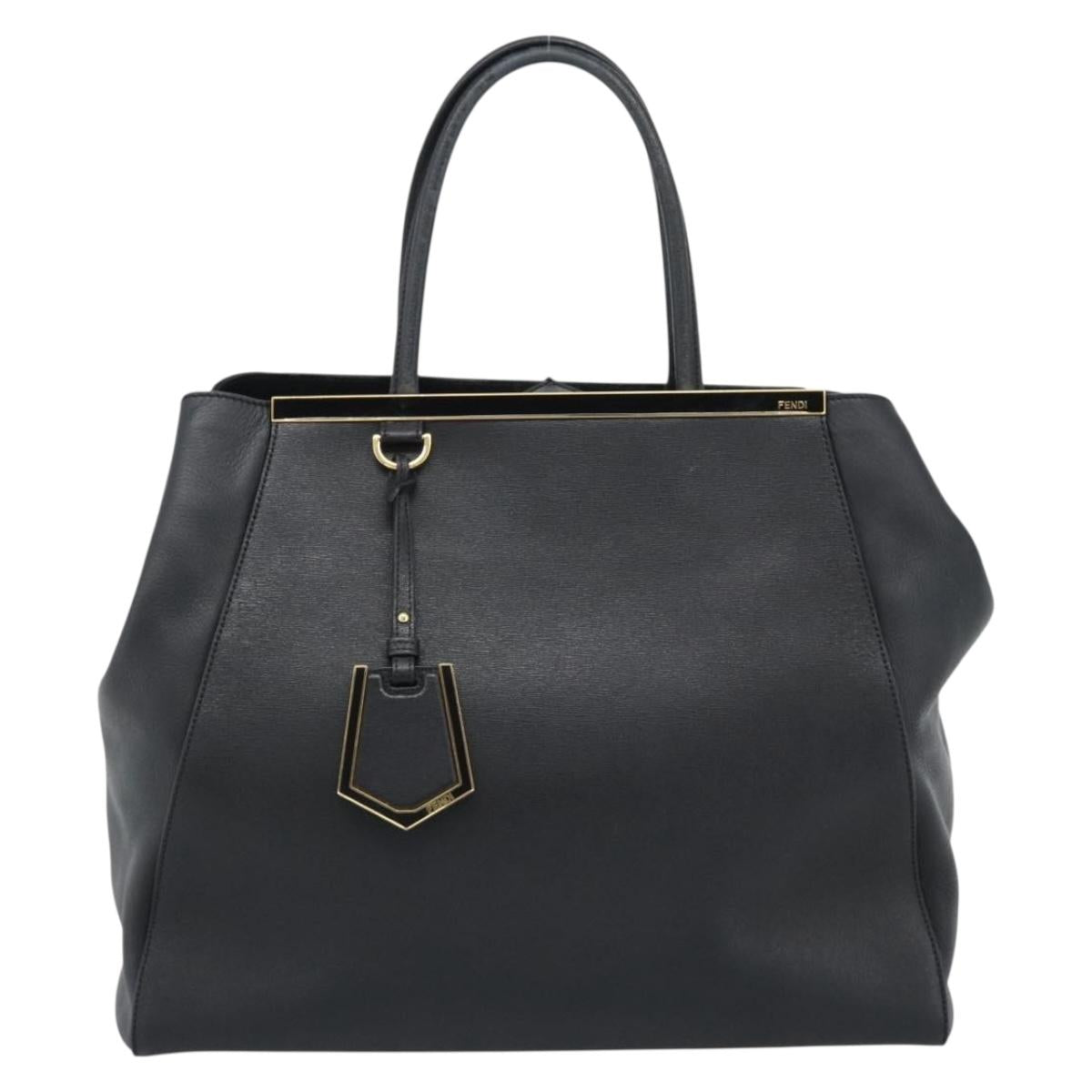 FENDI 2JOURS Tote Bag Leather Black Gold Auth 186697A