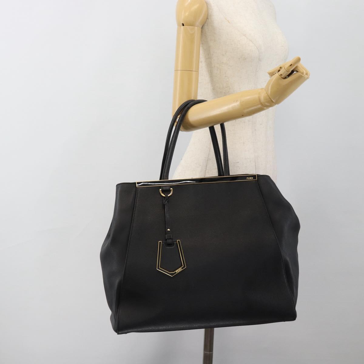 FENDI 2JOURS Tote Bag Leather Black Gold Auth 186697A