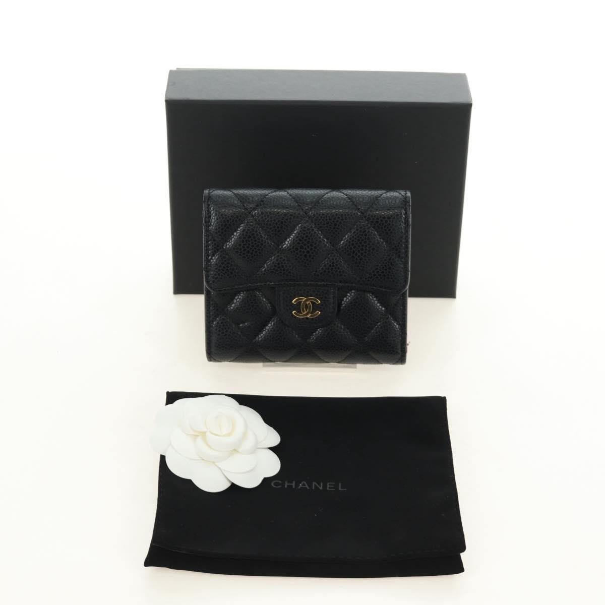 CHANEL Trifold Wallet Caviar Skin Black Gold CC Auth 186706SAM