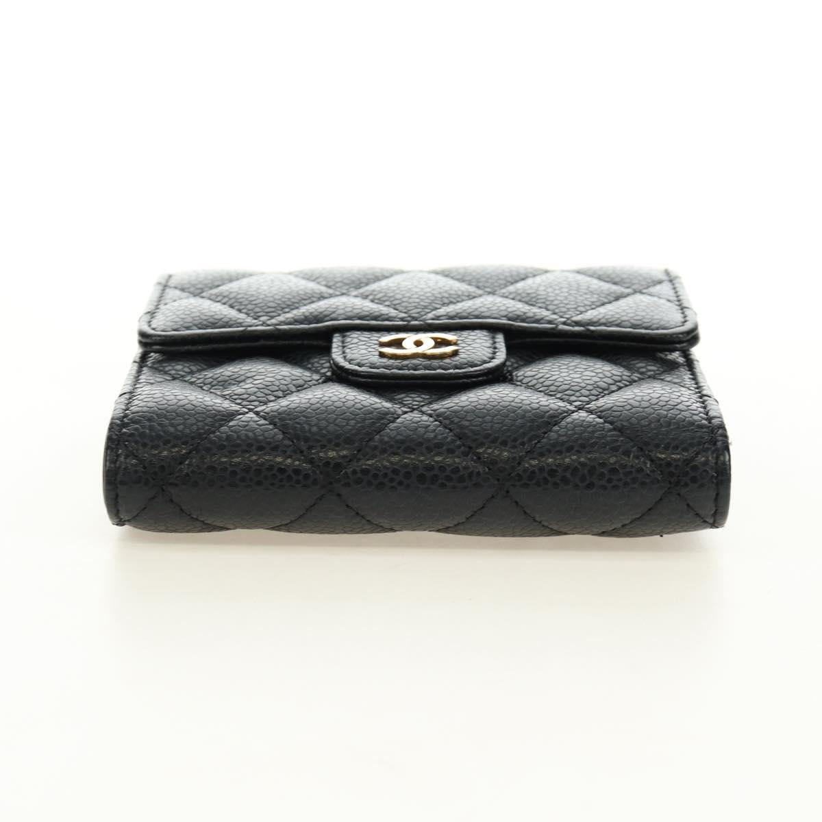 CHANEL Trifold Wallet Caviar Skin Black Gold CC Auth 186706SAM