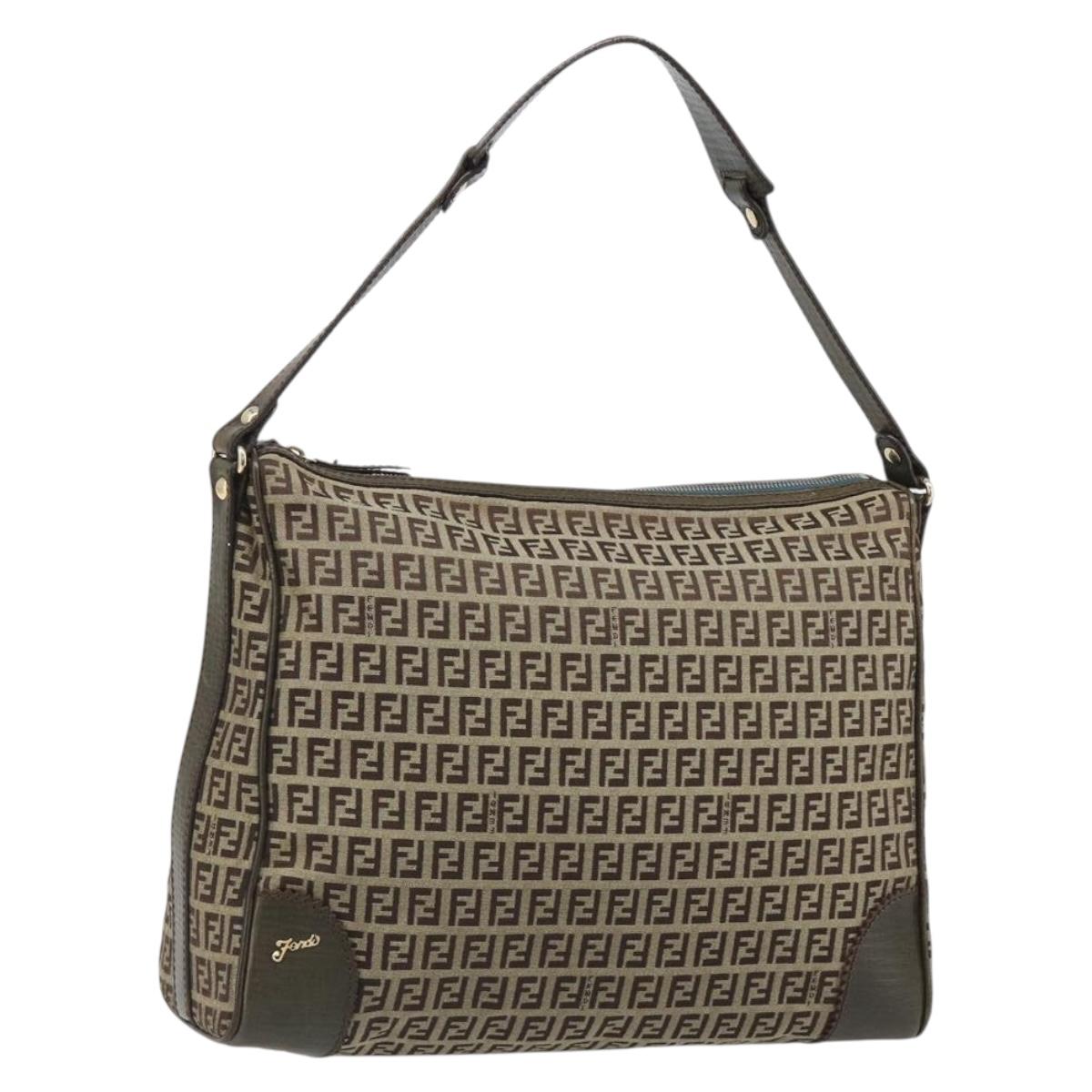 FENDI Zucchino Canvas Shoulder Bag Beige Gold 8BR531 Auth 186711V