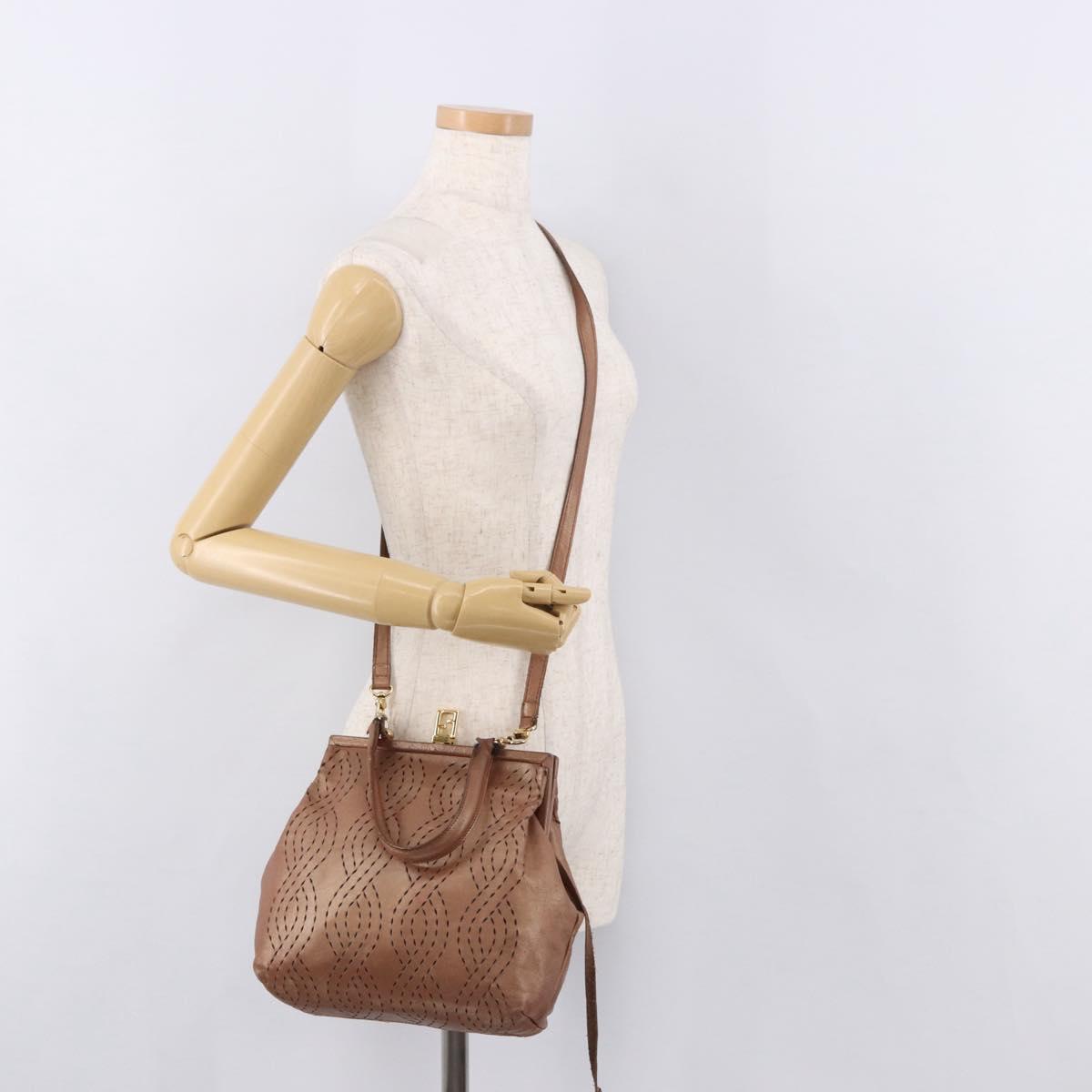 FENDI Shoulder Bag Leather 2way Bronze Gold Auth 186712