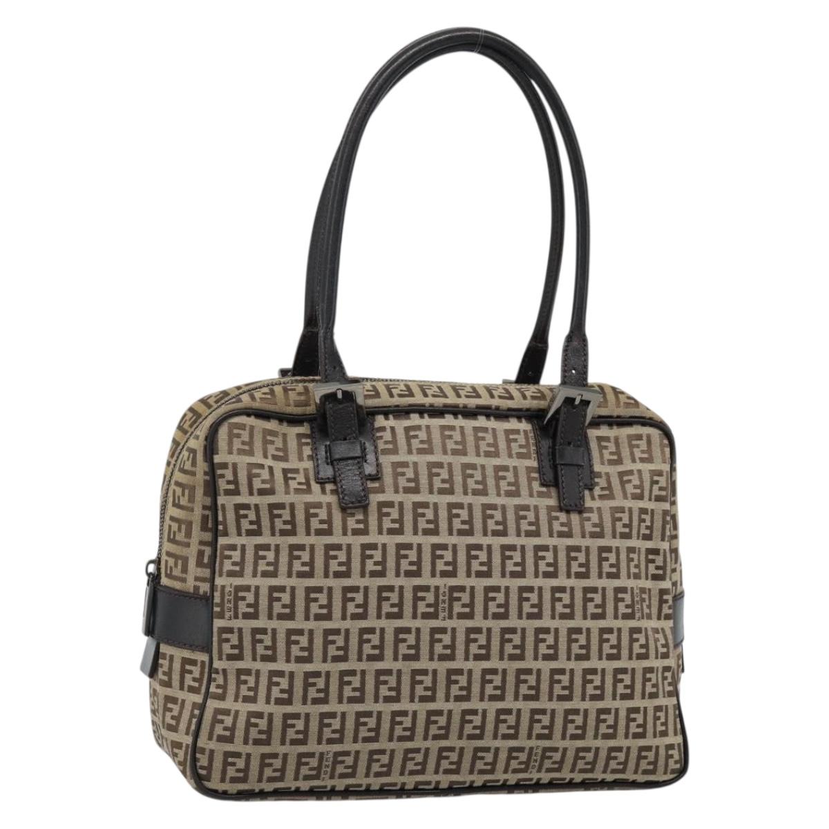 FENDI Zucchino Canvas Hand Bag Beige Silver Auth 186800A