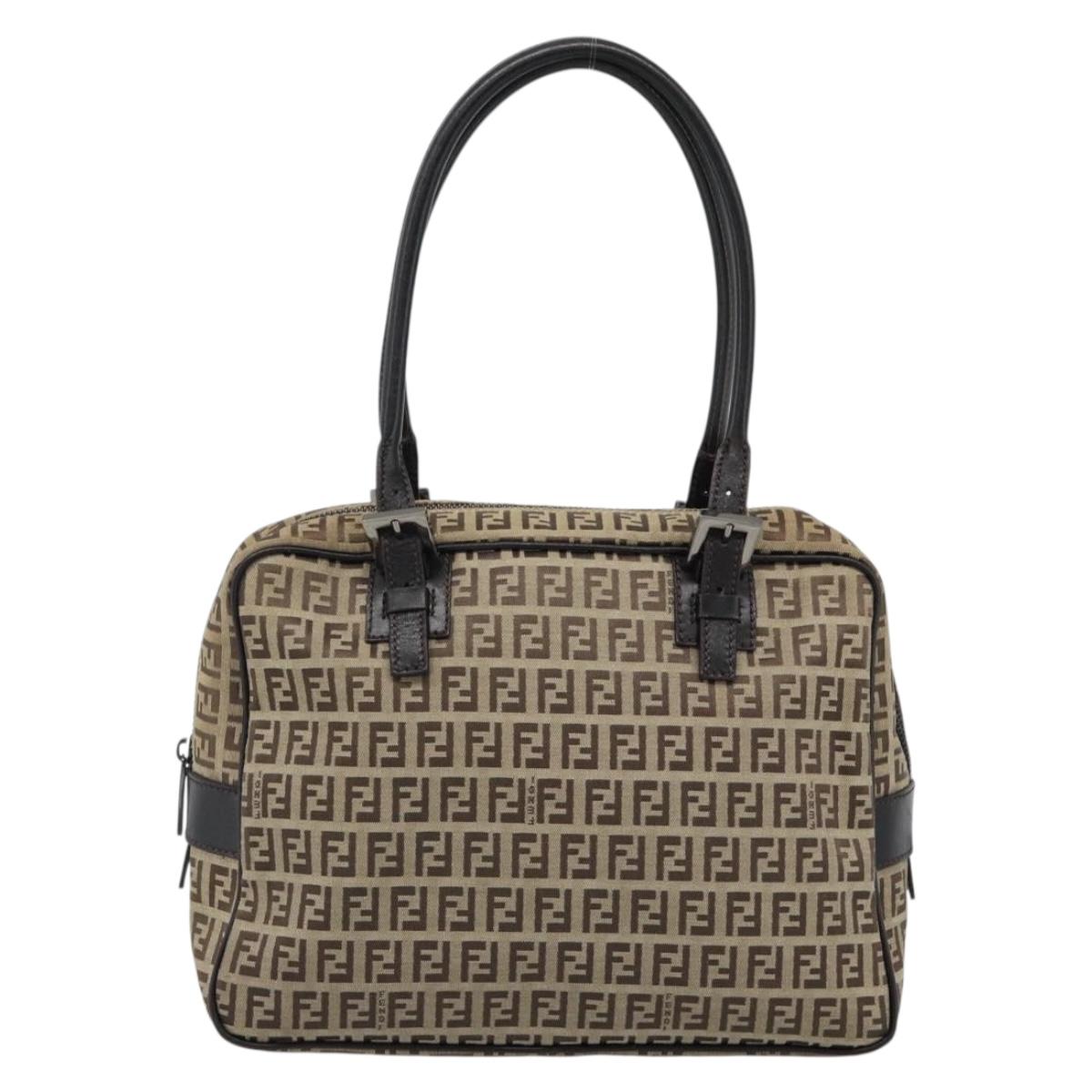 FENDI Zucchino Canvas Hand Bag Beige Silver Auth 186800A