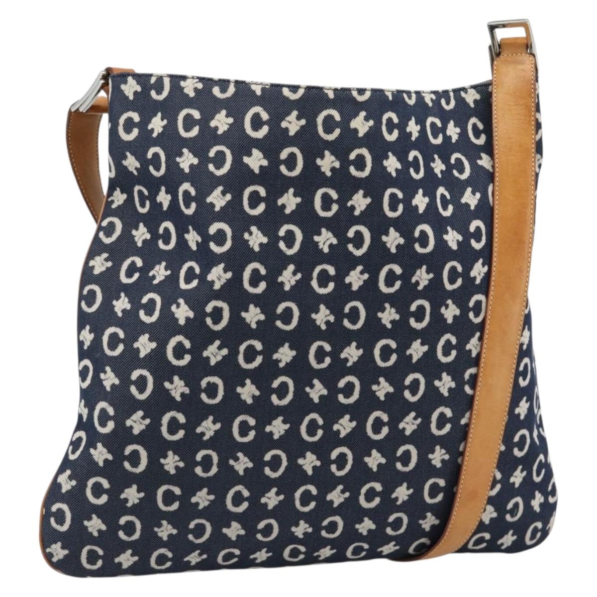 CELINE C Macadam Canvas Shoulder Bag Navy Silver Auth 186810A