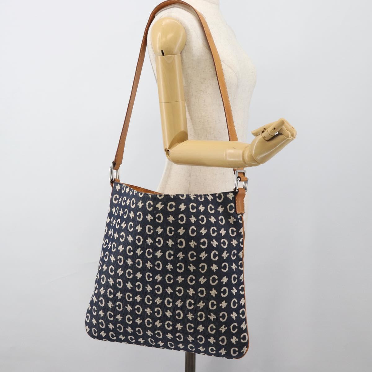 CELINE C Macadam Canvas Shoulder Bag Navy Silver Auth 186810A
