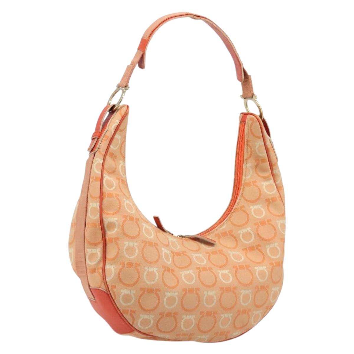 Salvatore Ferragamo Gancini Shoulder Bag Canvas Orange Gold Auth 186826