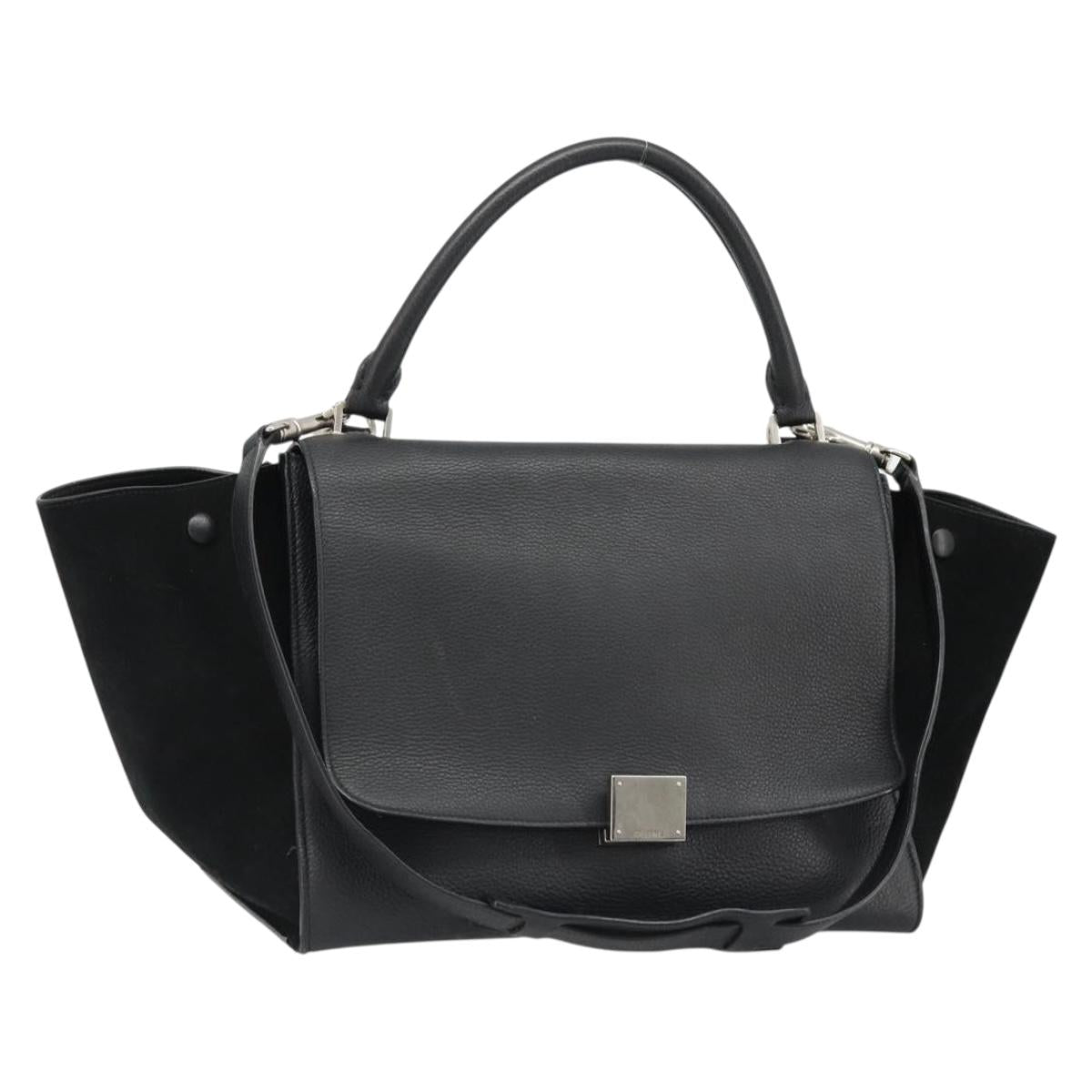 CELINE Trapeze Hand Bag Leather Suede Black Silver Auth 186832V