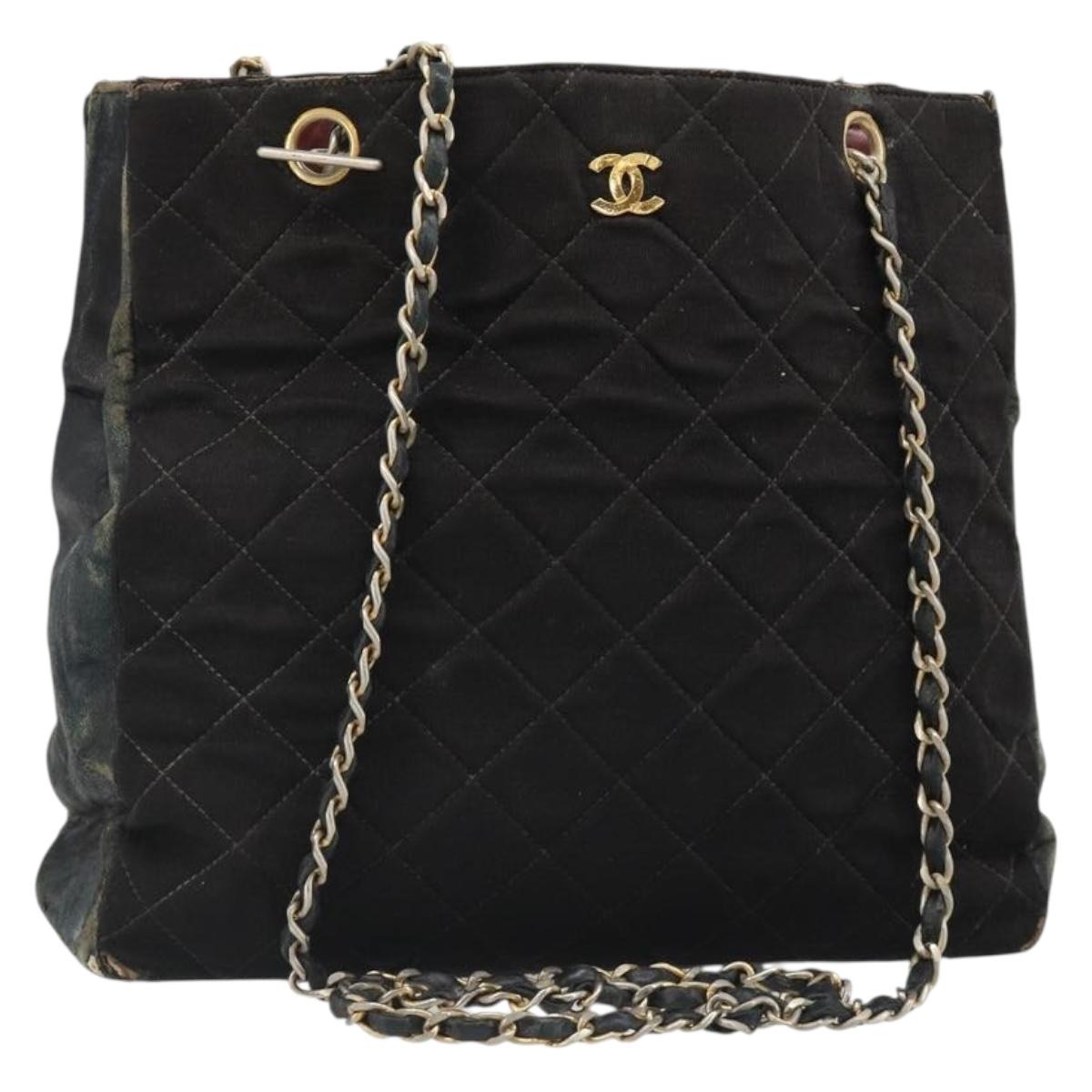 CHANEL Chain Shoulder Bag Cotton Black Gold CC Auth 186834