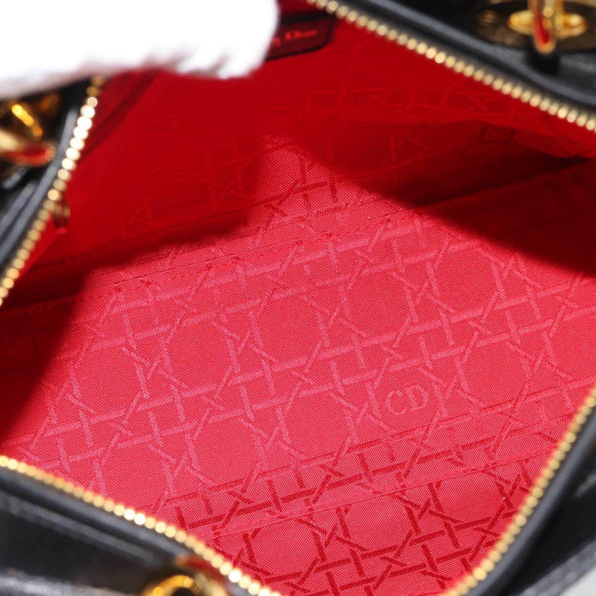 Christian Dior Lady Dior Hand Bag Lamb Skin Black Gold Auth 186836SAV