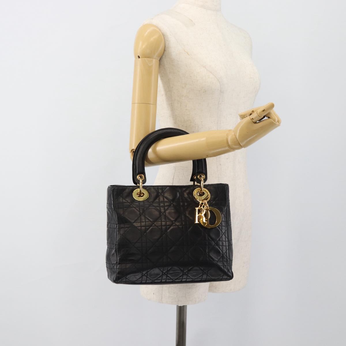 Christian Dior Lady Dior Hand Bag Lamb Skin Black Gold Auth 186836SAV