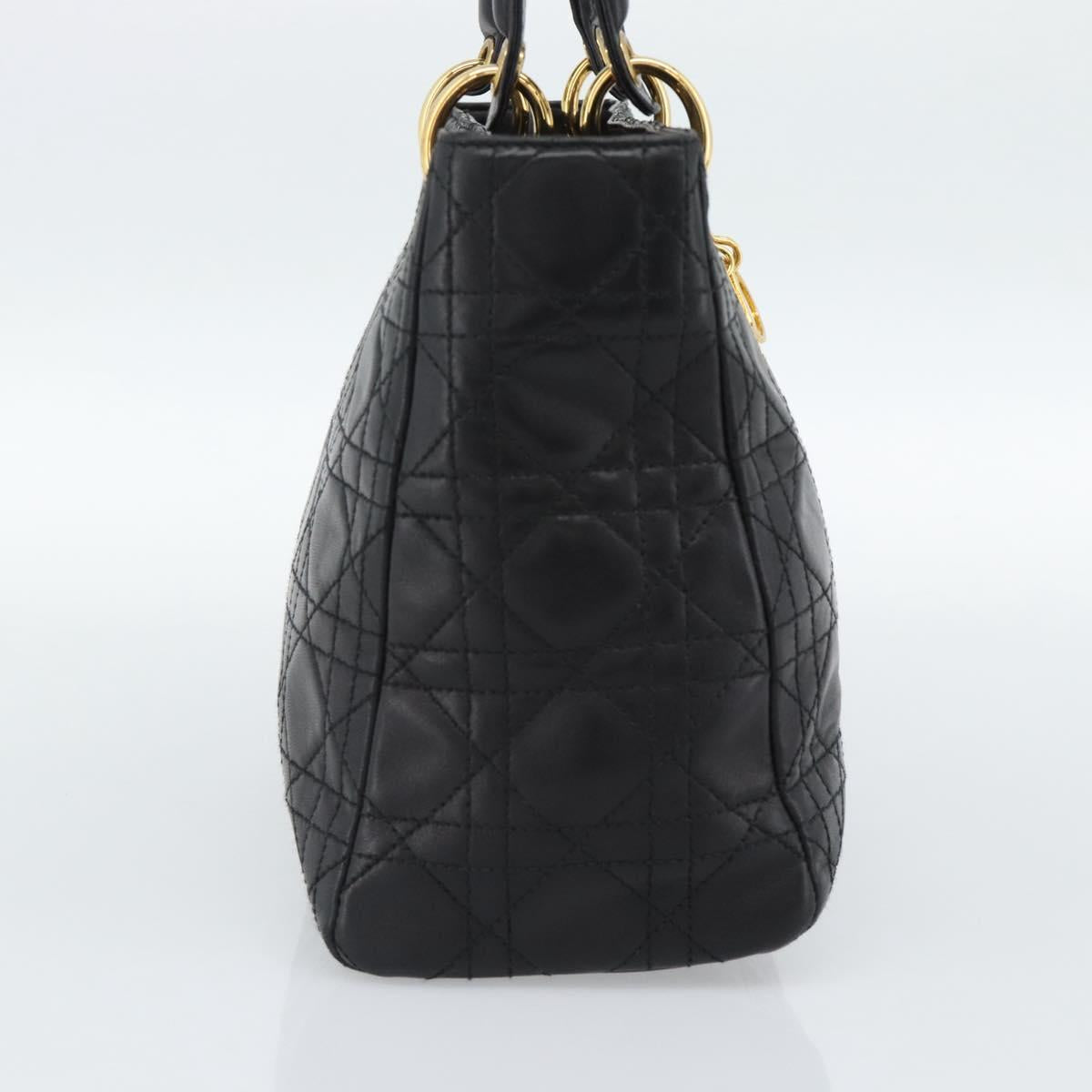 Christian Dior Lady Dior Hand Bag Lamb Skin Black Gold Auth 186836SAV