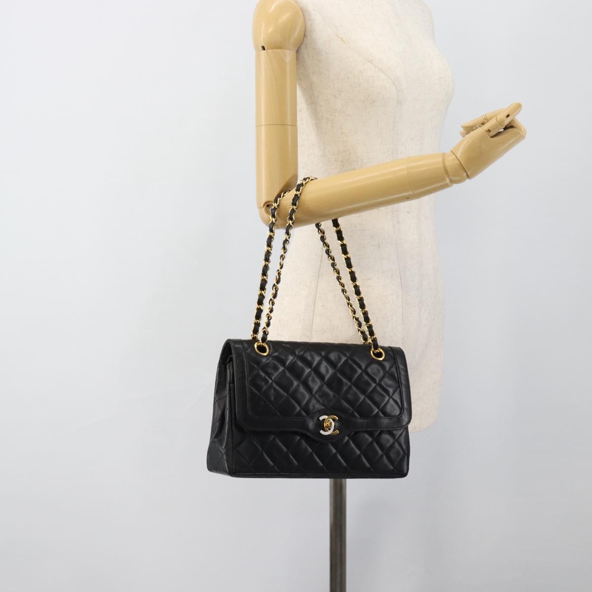 CHANEL Matelasse Chain Bag Lamb Skin Paris Limited Black Gold CC Auth 186838SAV
