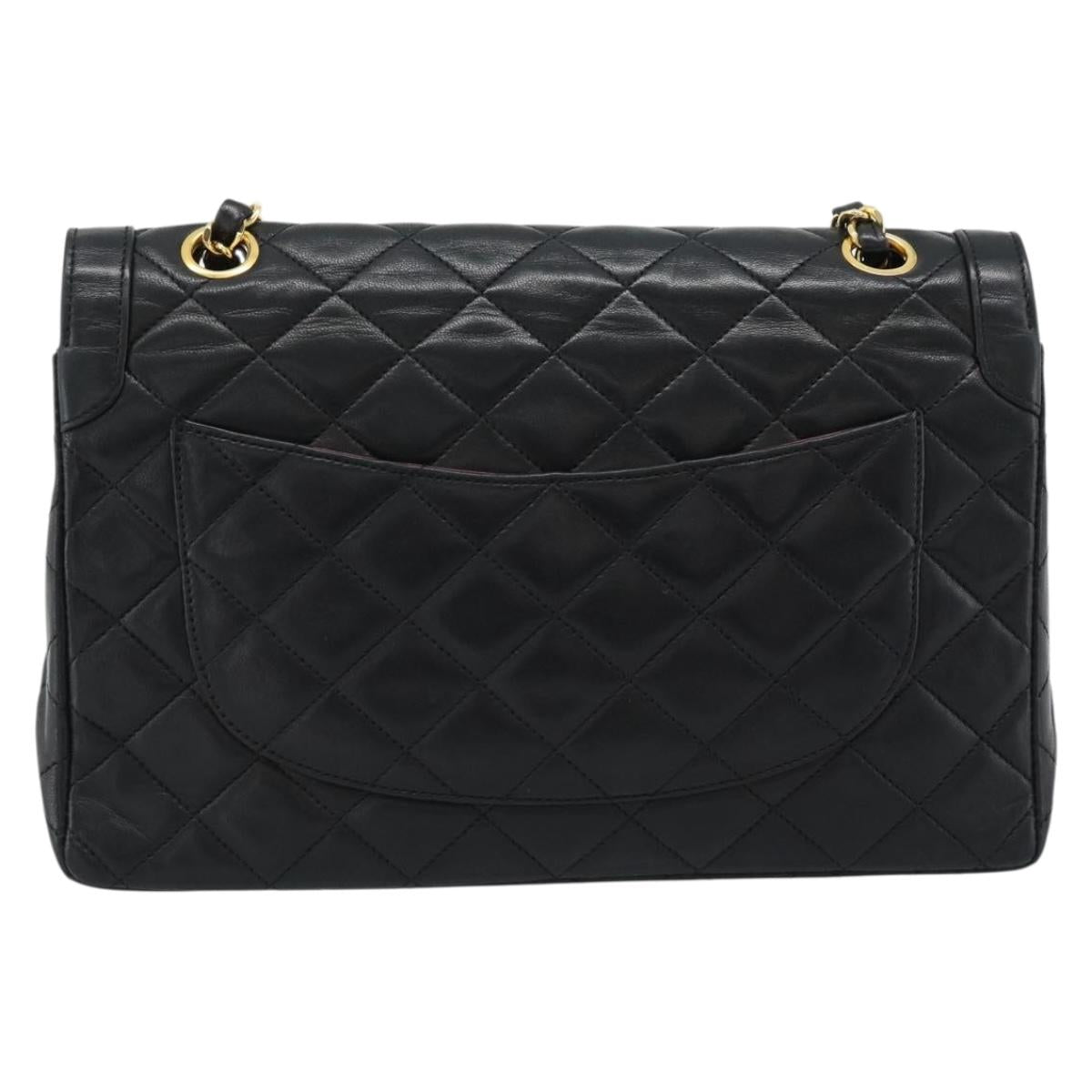 CHANEL Matelasse Chain Bag Lamb Skin Paris Limited Black Gold CC Auth 186838SAV