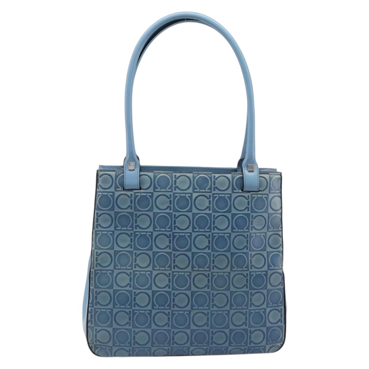 Salvatore Ferragamo Gancini Tote Bag Leather Blue Silver Auth 186850A