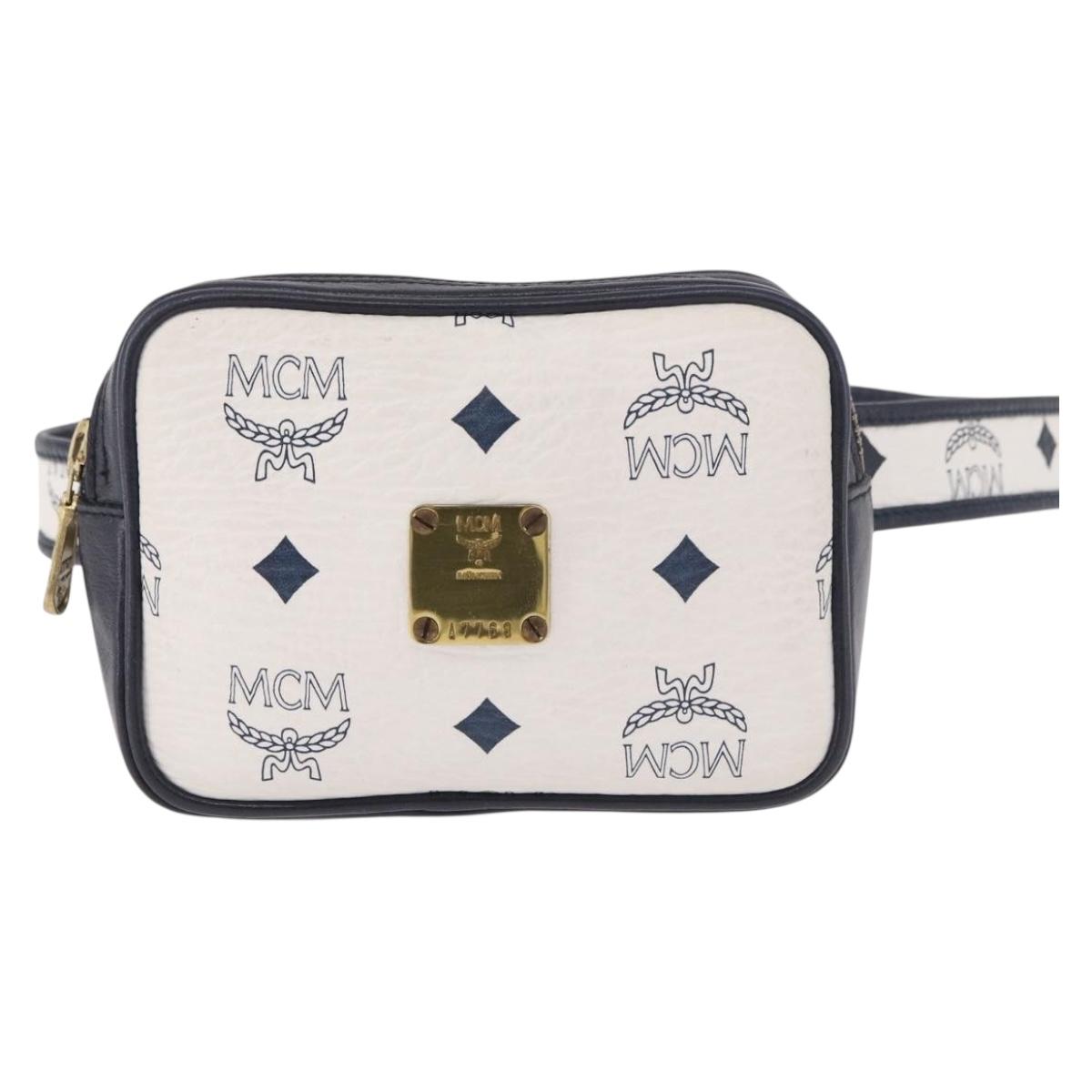 MCM Vicetos Logogram Waist Bag PVC Leather White Gold Auth 186851