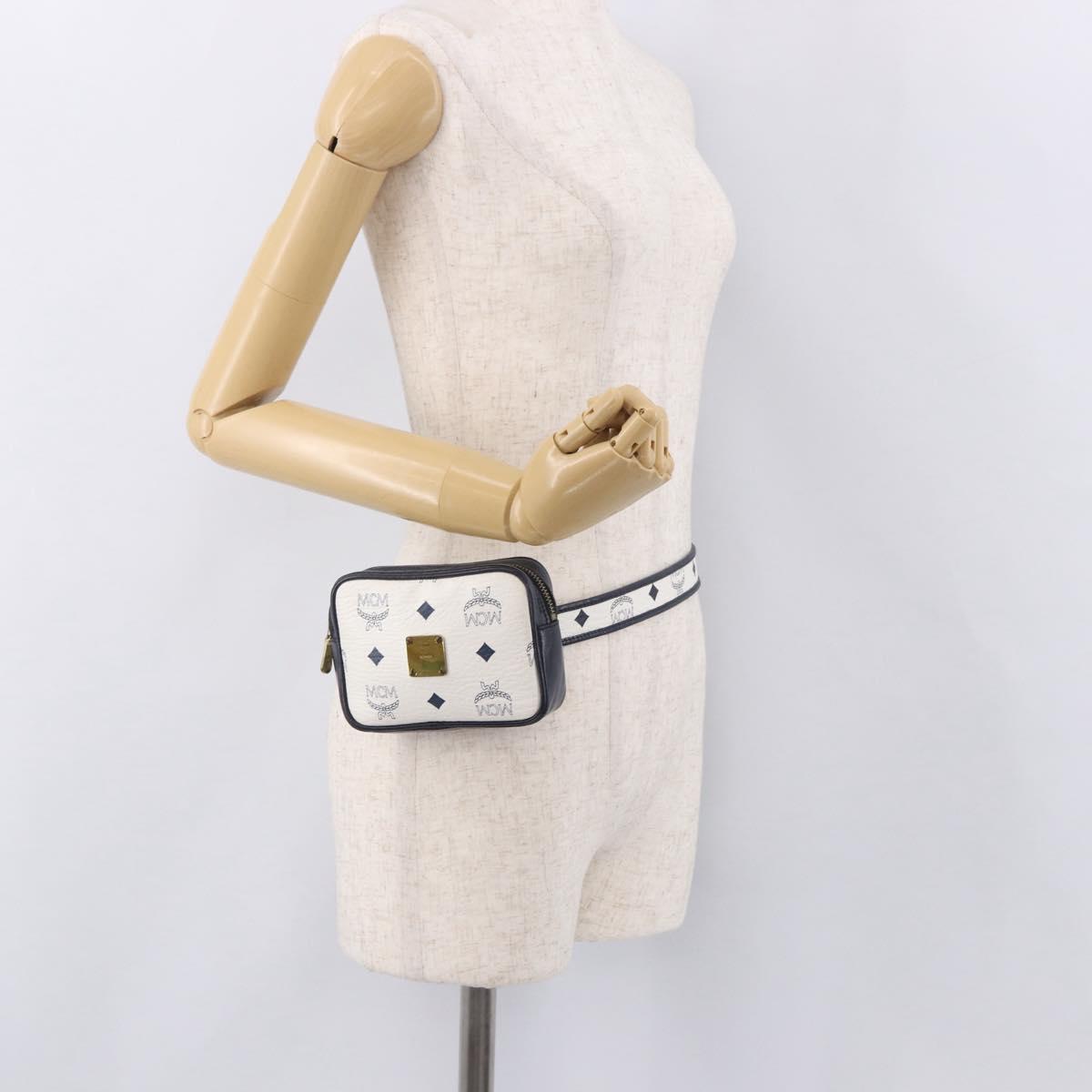 MCM Vicetos Logogram Waist Bag PVC Leather White Gold Auth 186851