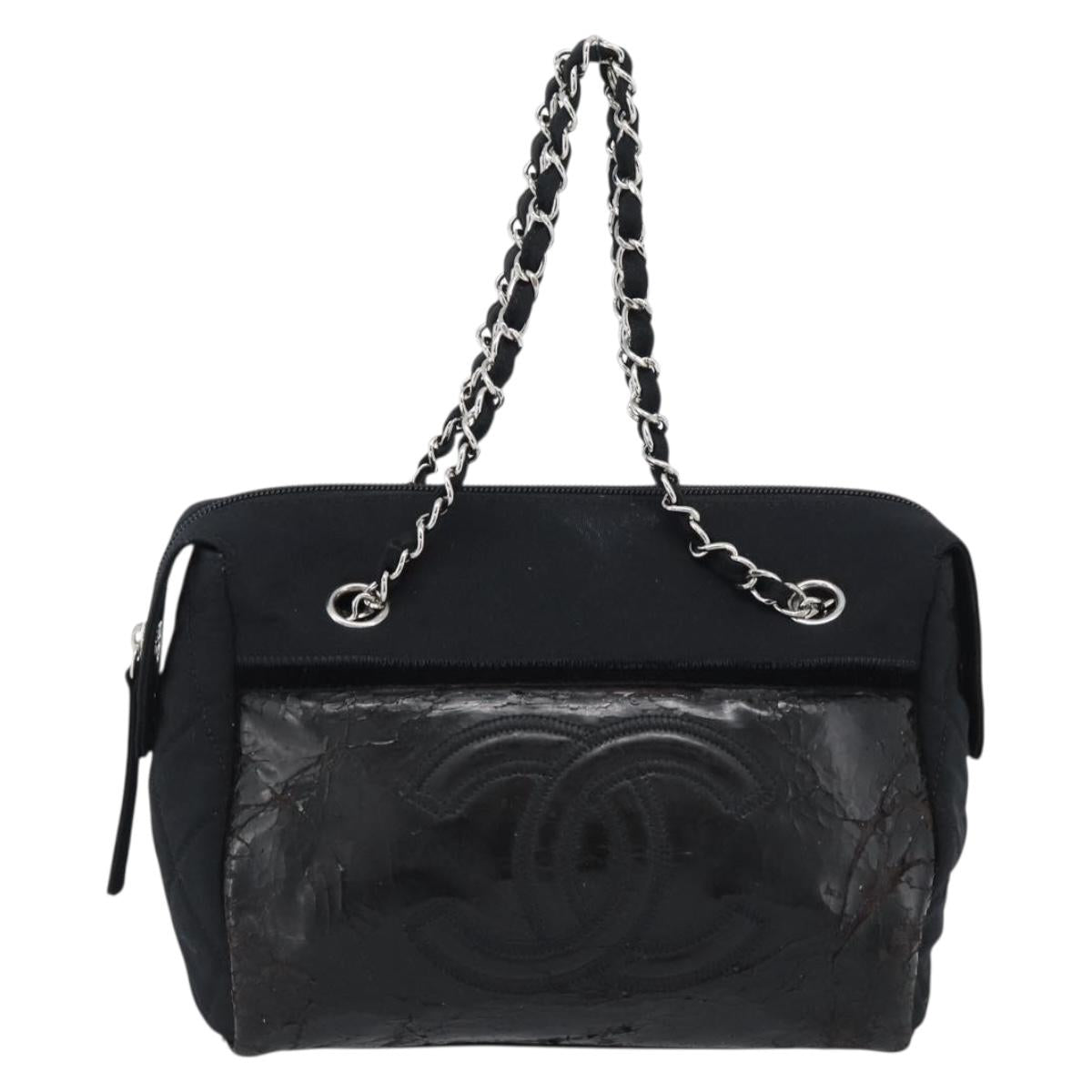 CHANEL Chain Shoulder Bag Canvas Black Silver CC Auth 186855