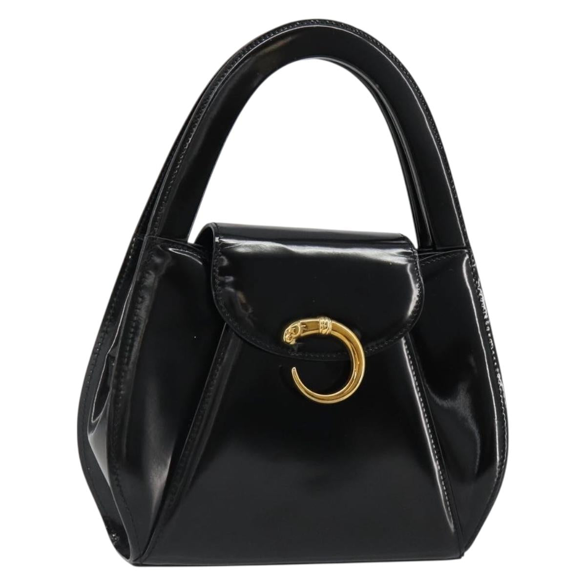 CARTIER PANTHERE Hand Bag Patent leather Black Silver Auth 186858A