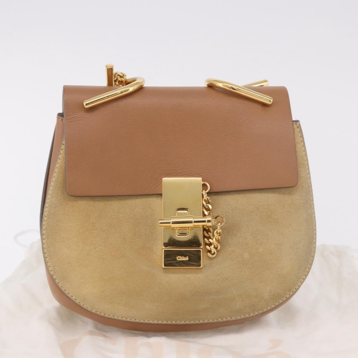 Chloe Drew Chain Shoulder Bag Suede Leather Beige Gold Auth 186862A
