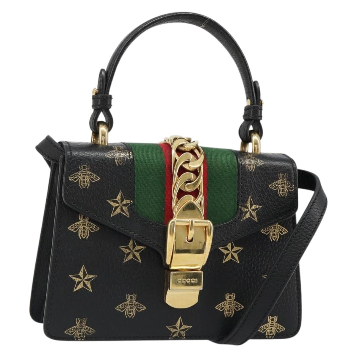GUCCI Silvi Web Sherry Line Hand Bag Leather 2way Black Gold 470270 Auth 186865V