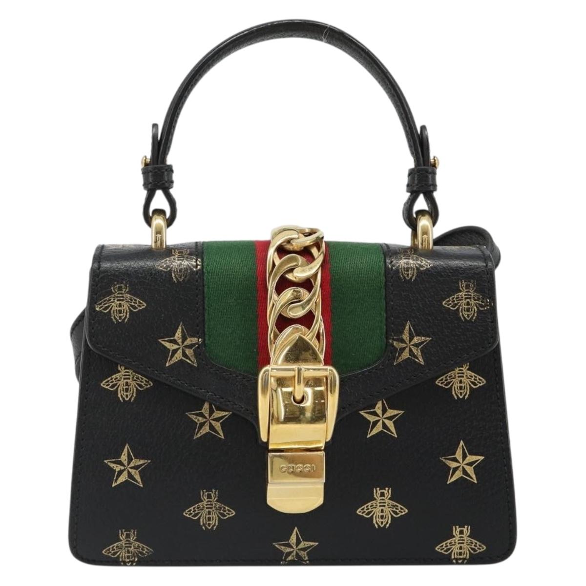 GUCCI Silvi Web Sherry Line Hand Bag Leather 2way Black Gold 470270 Auth 186865V