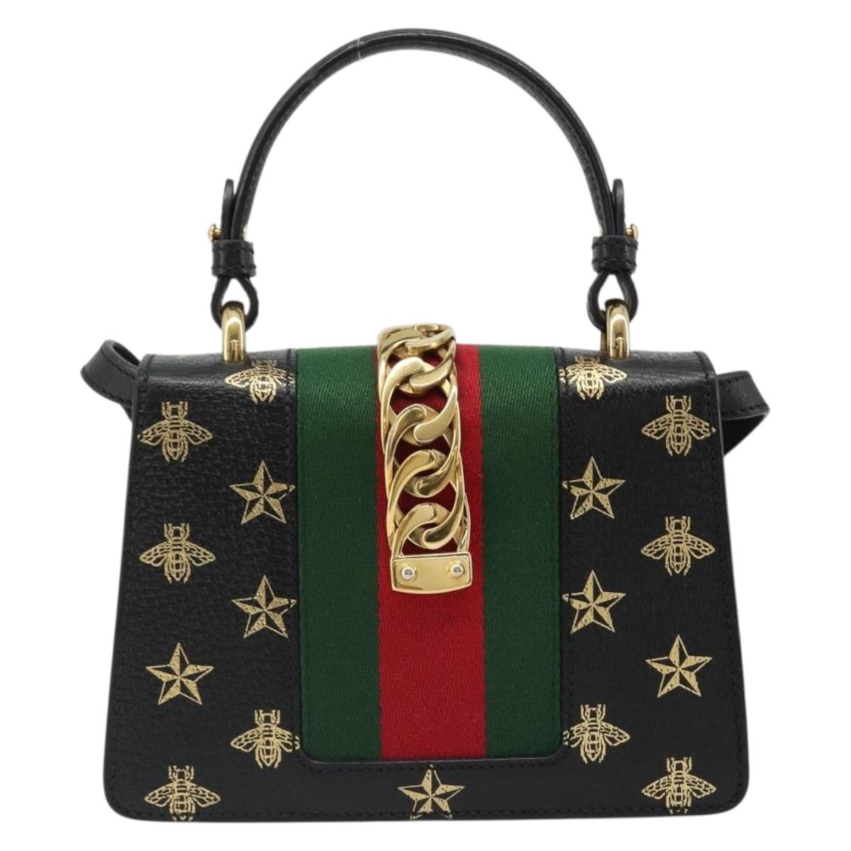 GUCCI Silvi Web Sherry Line Hand Bag Leather 2way Black Gold 470270 Auth 186865V