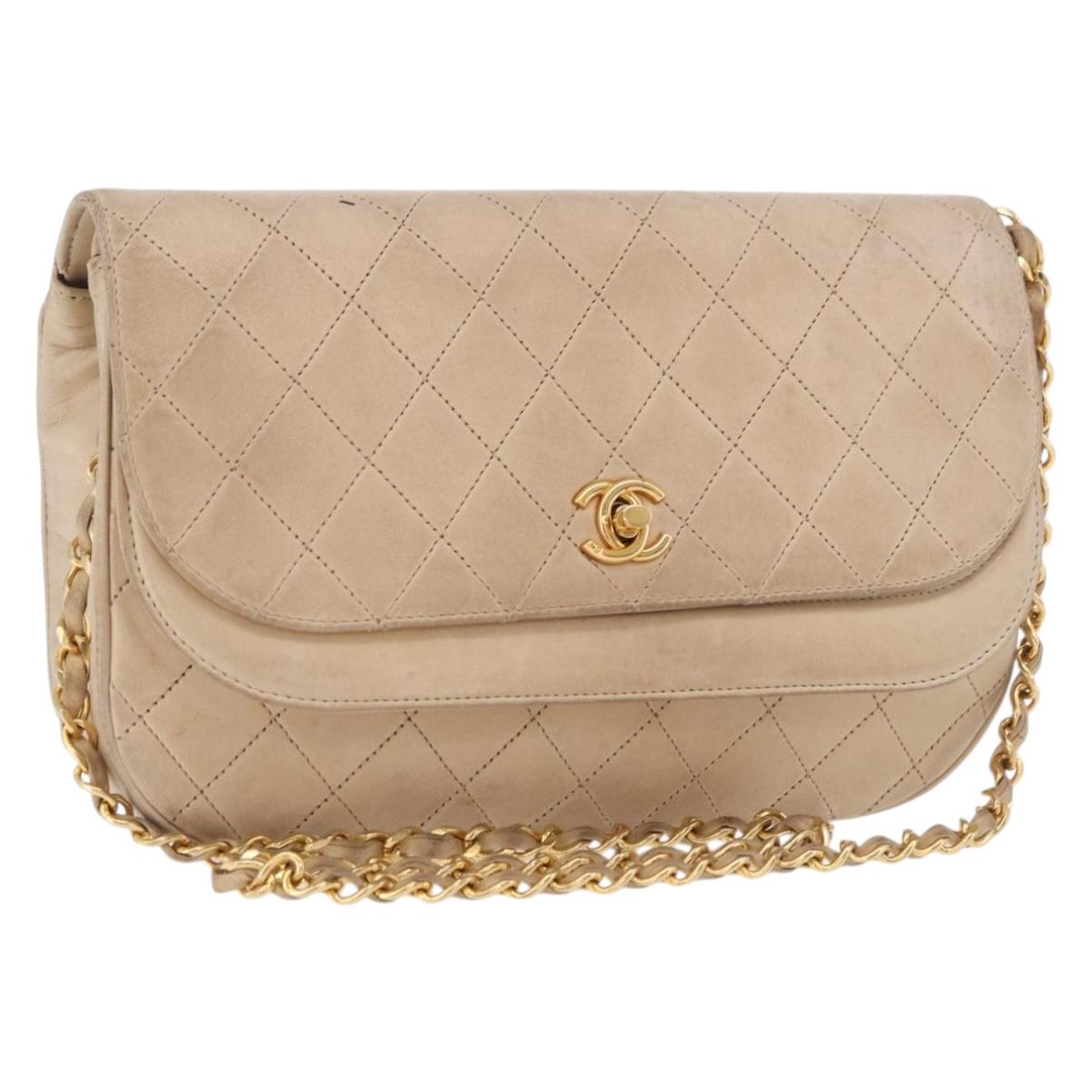 CHANEL Matelasse Chain Shoulder Bag Lamb Skin Beige Gold CC Auth 186875