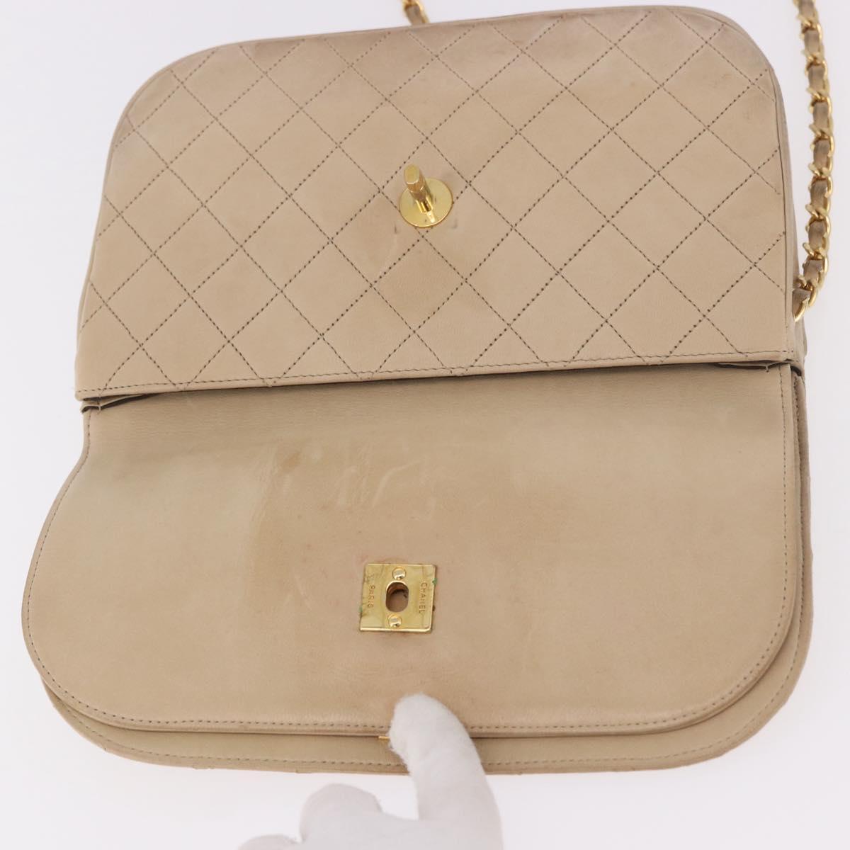 CHANEL Matelasse Chain Shoulder Bag Lamb Skin Beige Gold CC Auth 186875