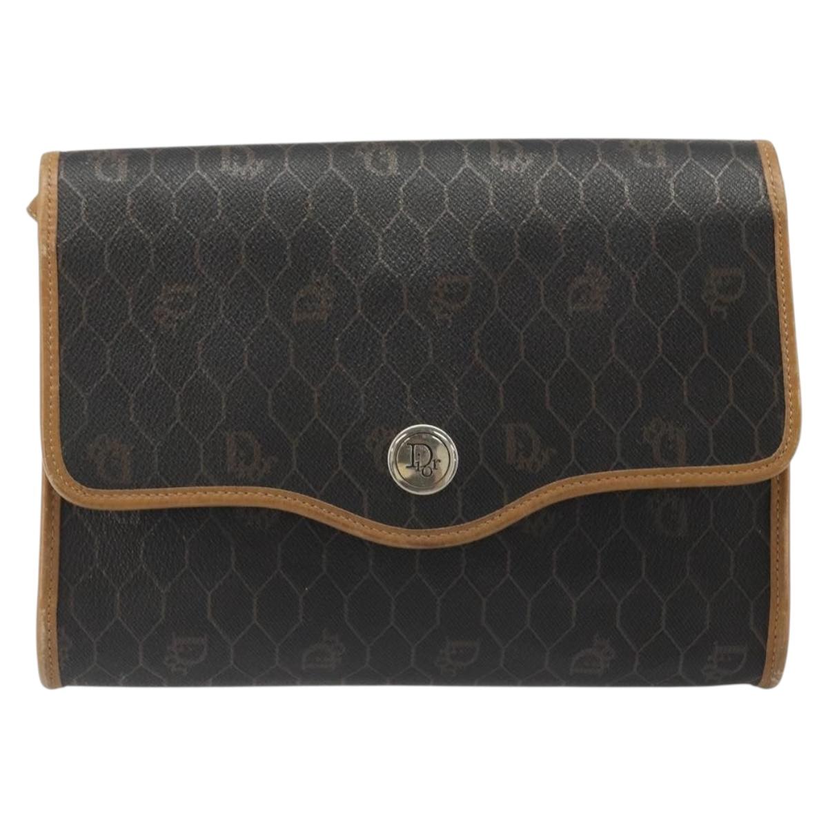 Christian Dior Honeycomb Canvas Shoulder Bag PVC Black Gold Auth 186880