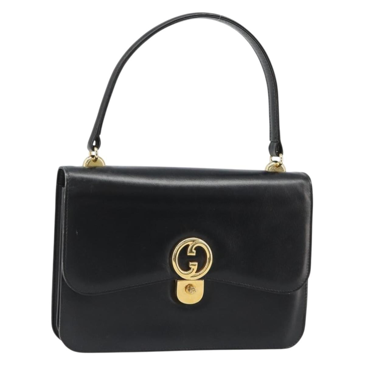 GUCCI Hand Bag Leather Black Gold Auth 186885