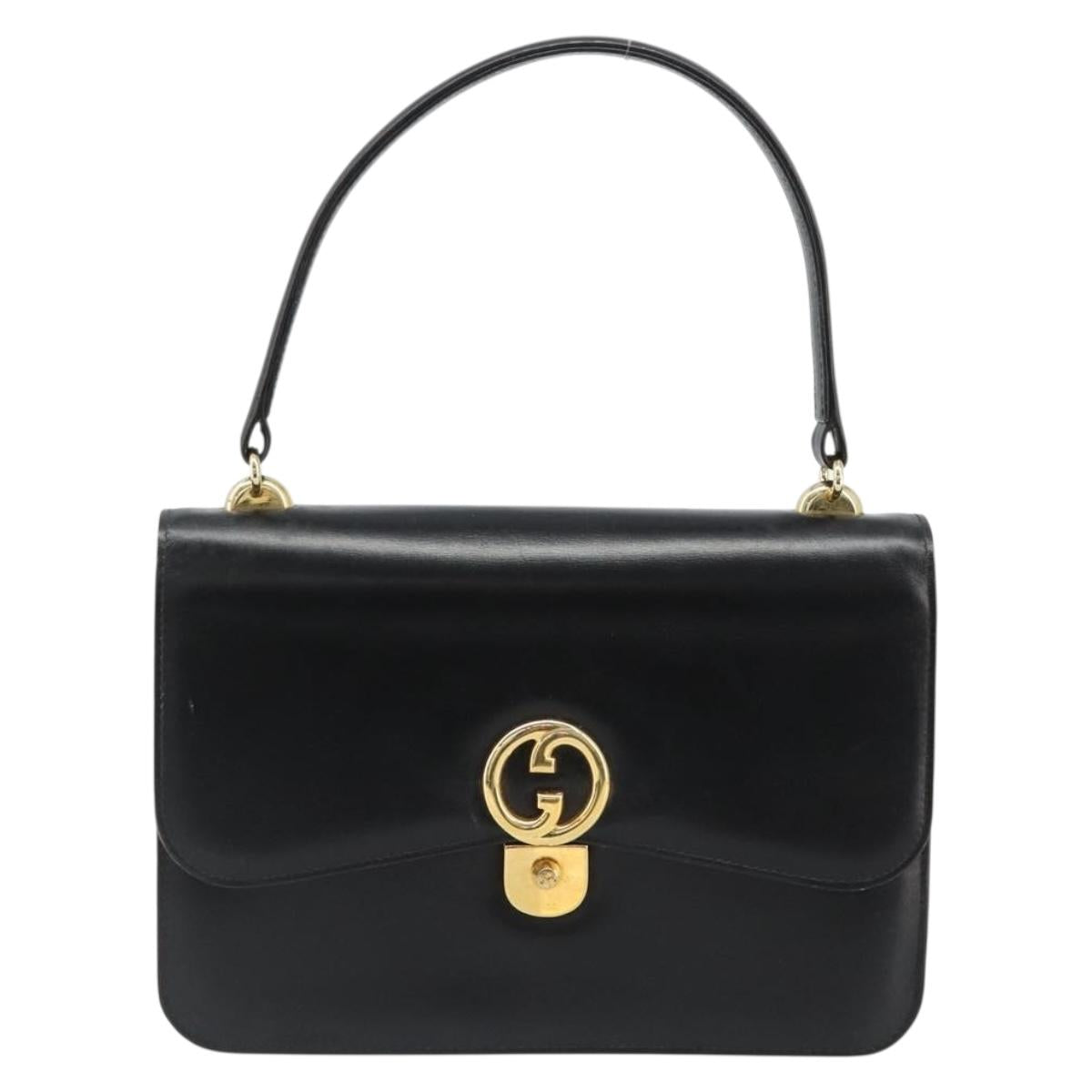 GUCCI Hand Bag Leather Black Gold Auth 186885
