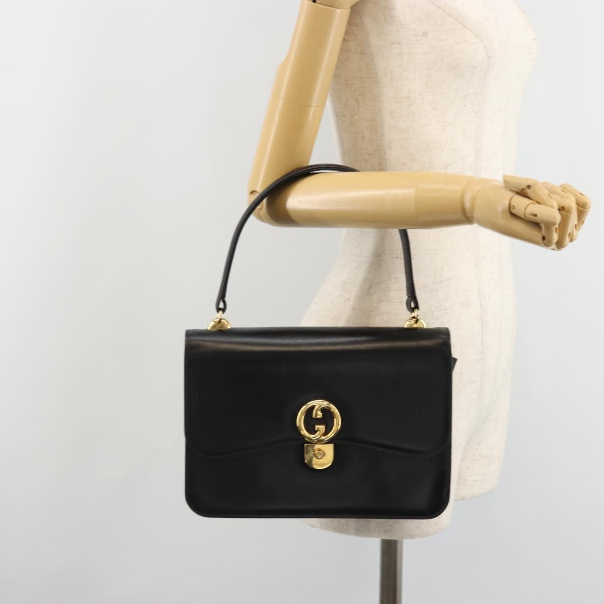 GUCCI Hand Bag Leather Black Gold Auth 186885