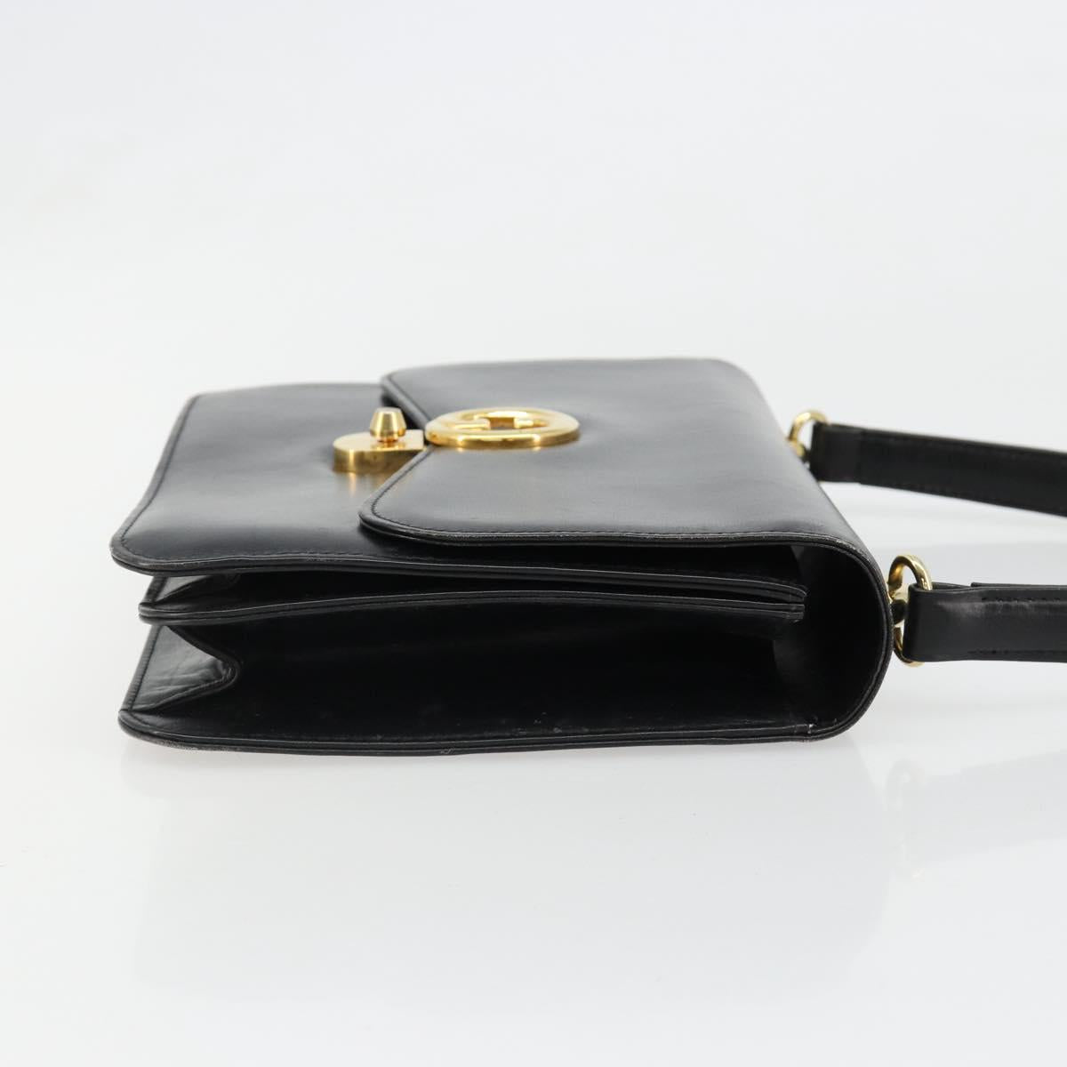 GUCCI Hand Bag Leather Black Gold Auth 186885