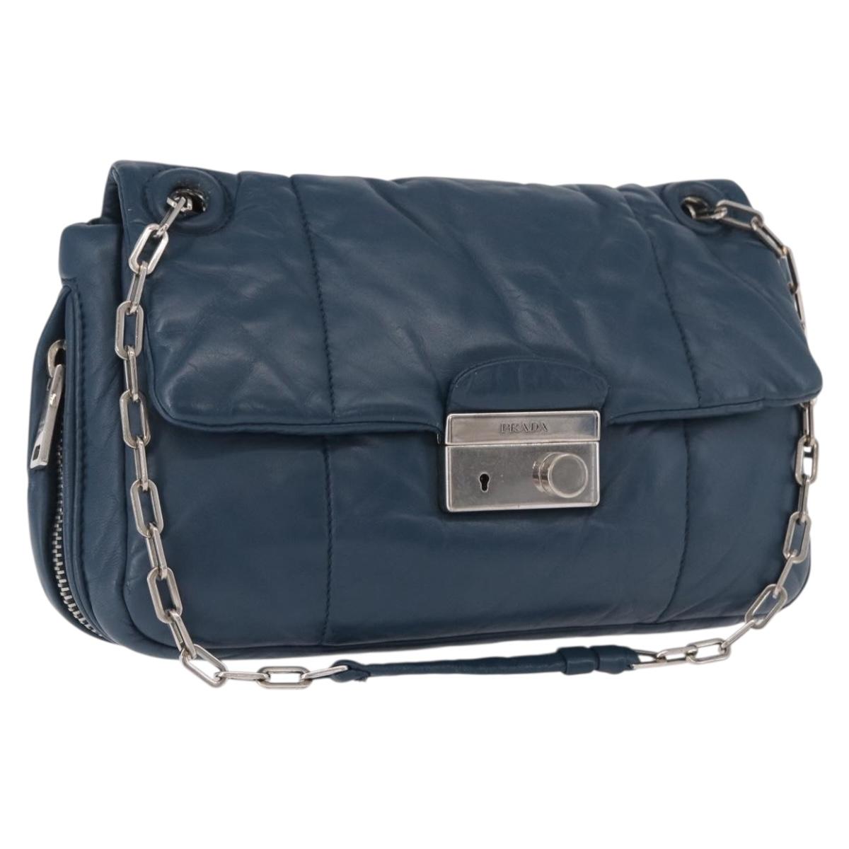 PRADA Chain Shoulder Bag Leather Blue Silver Auth 186890V
