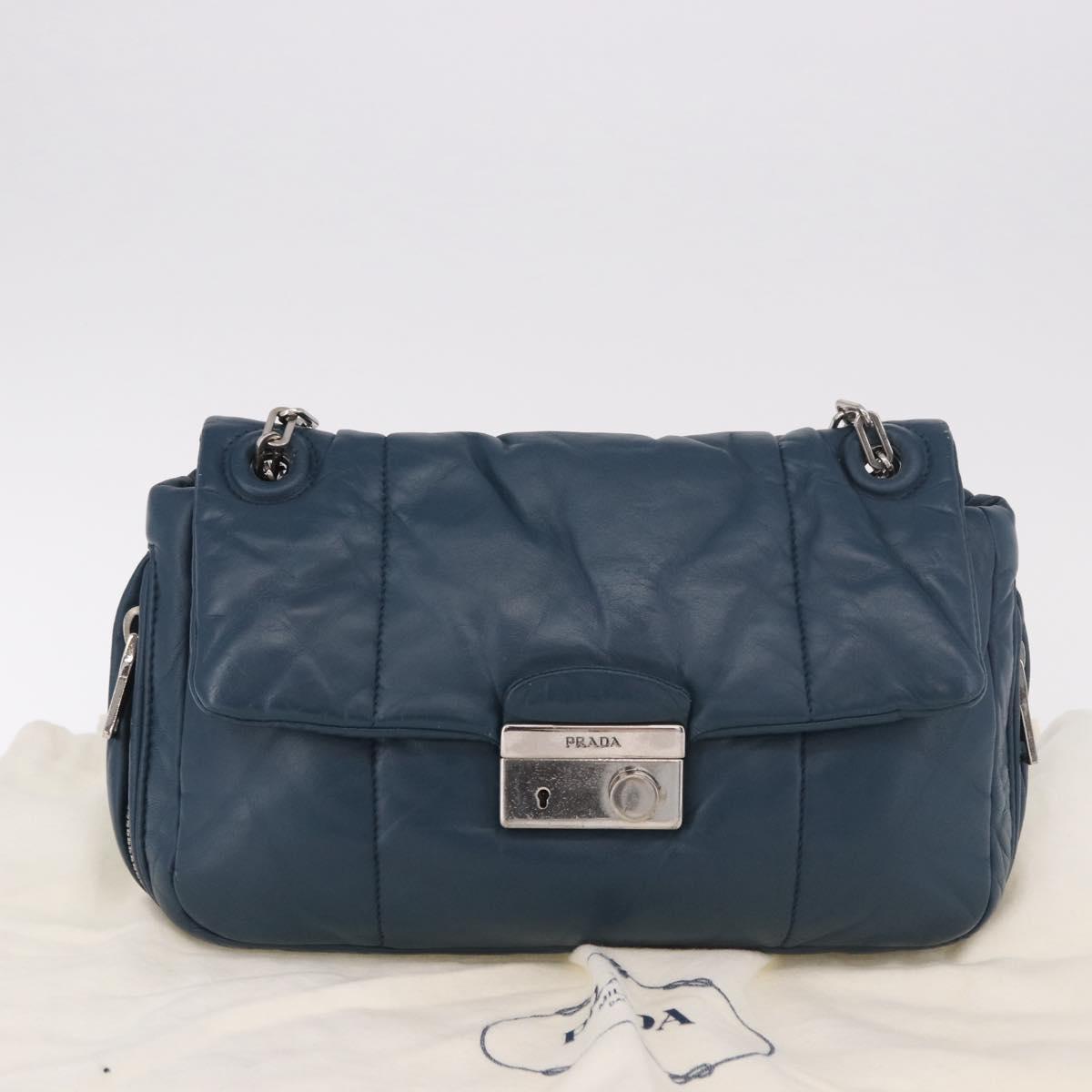 PRADA Chain Shoulder Bag Leather Blue Silver Auth 186890V