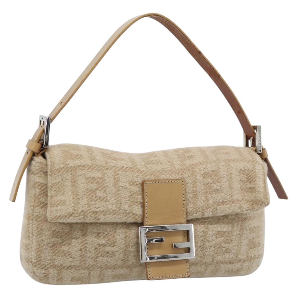 FENDI Zucca Canvas Mamma Baguette Shoulder Bag Felt Beige Silver Auth 186896SAM