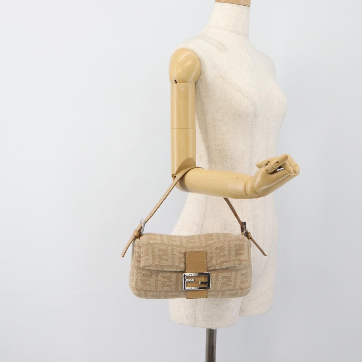 FENDI Zucca Canvas Mamma Baguette Shoulder Bag Felt Beige Silver Auth 186896SAM