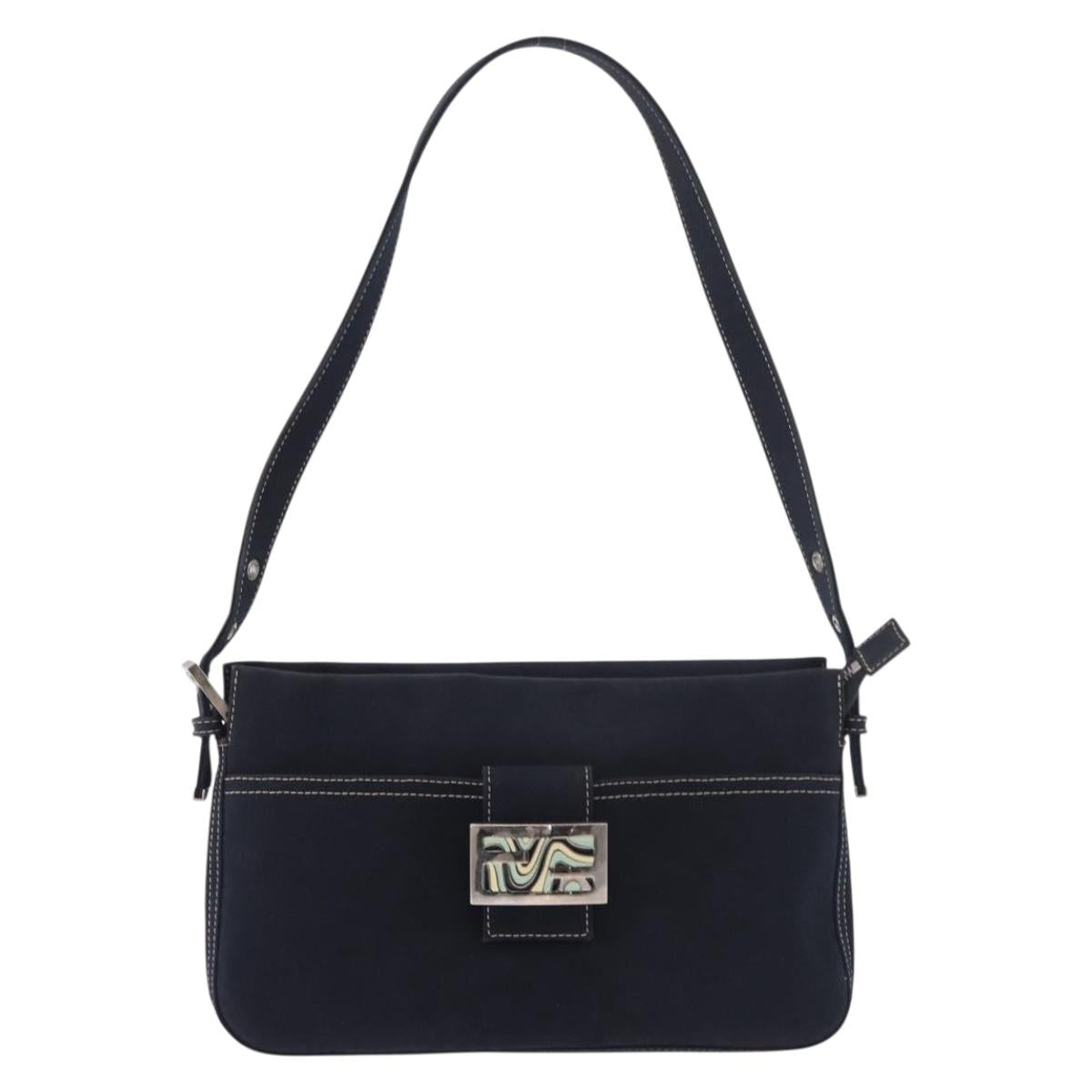 FENDI Mamma Baguette Shoulder Bag Canvas Navy Silver Auth 186897V