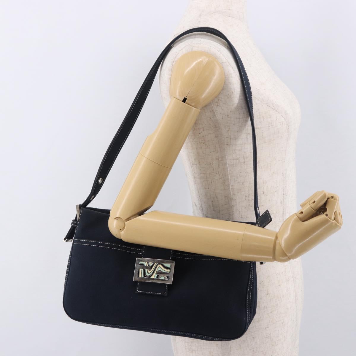 FENDI Mamma Baguette Shoulder Bag Canvas Navy Silver Auth 186897V