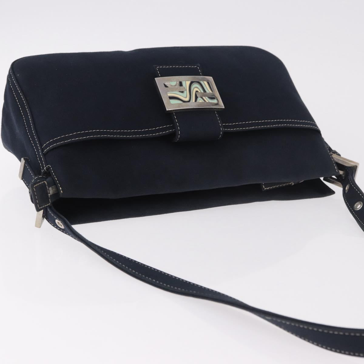 FENDI Mamma Baguette Shoulder Bag Canvas Navy Silver Auth 186897V