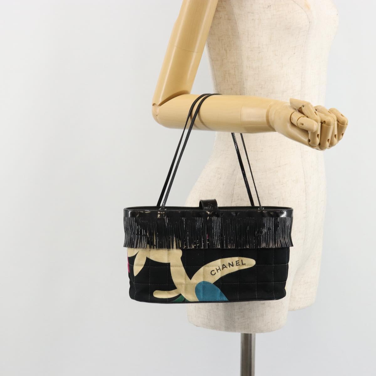 CHANEL Choco Bar Hand Bag Canvas Black Silver CC Auth 186899
