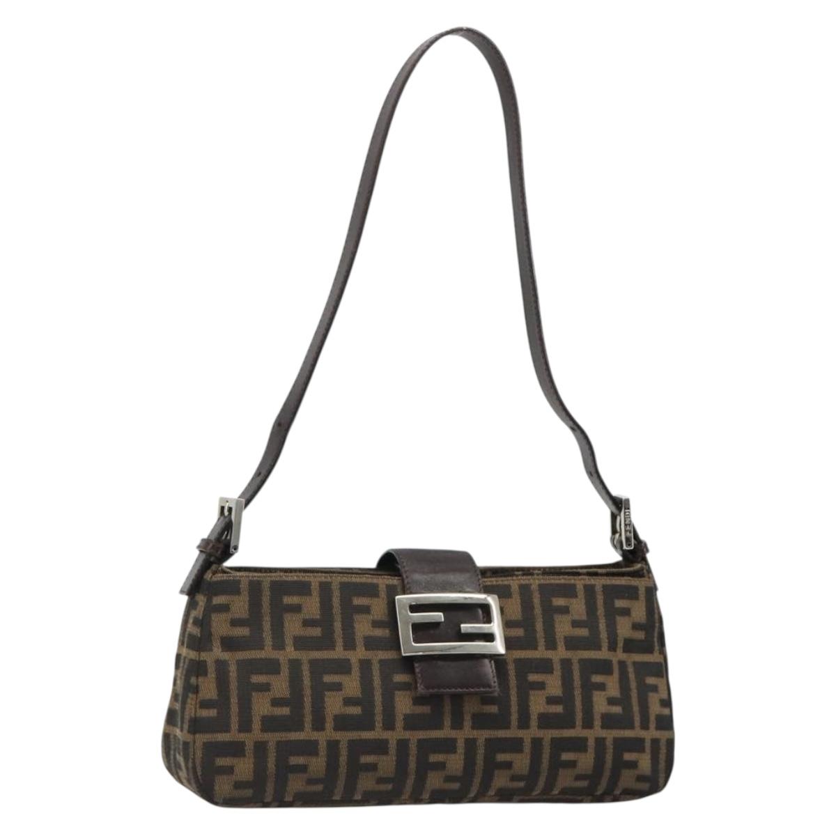 FENDI Zucca Canvas Mamma Baguette Shoulder Bag Black Brown Auth 186900SAM