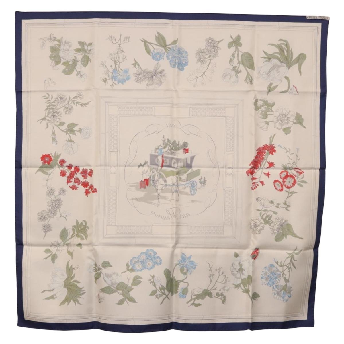 HERMES Carre 90 Scarf ""Quai aux Fleurs"" Silk Blue White Auth 186912M