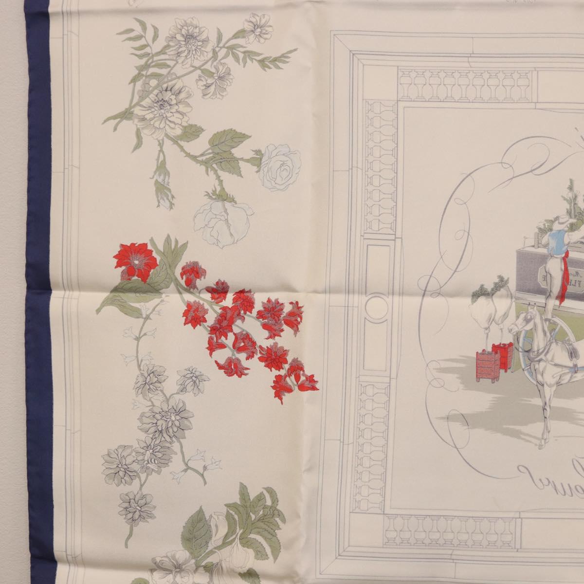 HERMES Carre 90 Scarf ""Quai aux Fleurs"" Silk Blue White Auth 186912M
