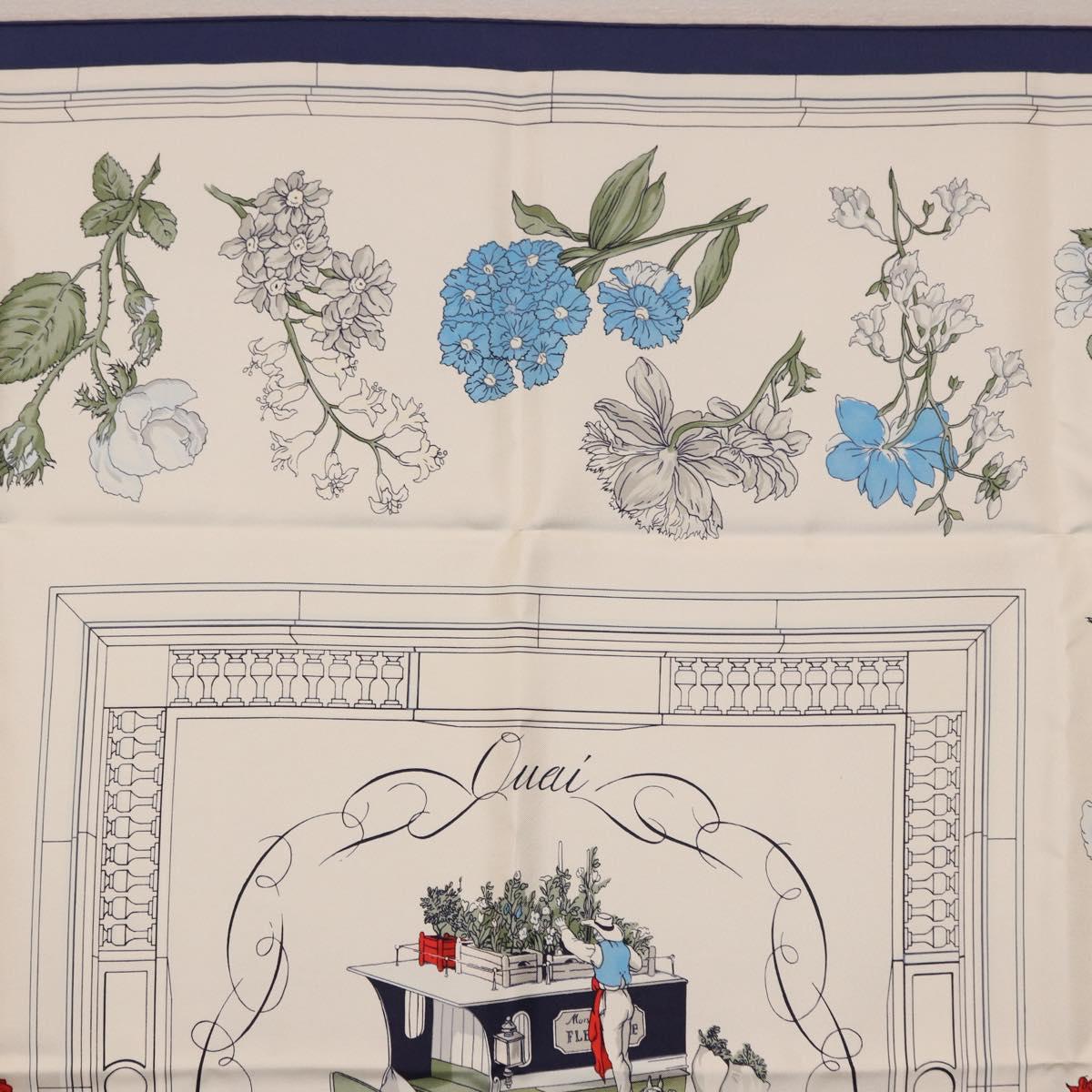 HERMES Carre 90 Scarf ""Quai aux Fleurs"" Silk Blue White Auth 186912M