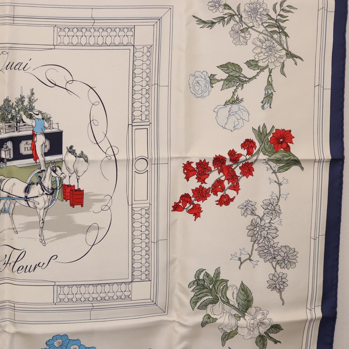 HERMES Carre 90 Scarf ""Quai aux Fleurs"" Silk Blue White Auth 186912M