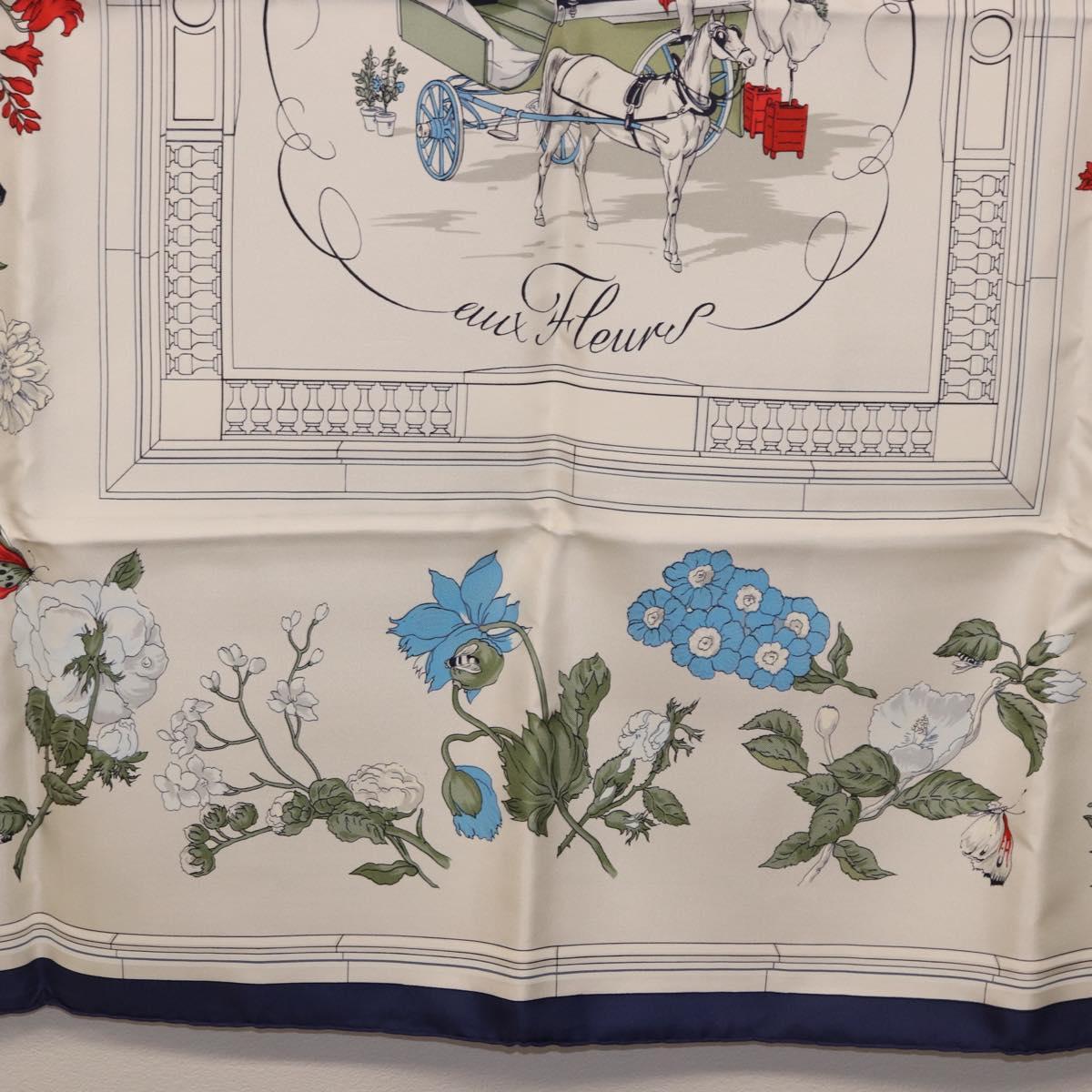 HERMES Carre 90 Scarf ""Quai aux Fleurs"" Silk Blue White Auth 186912M